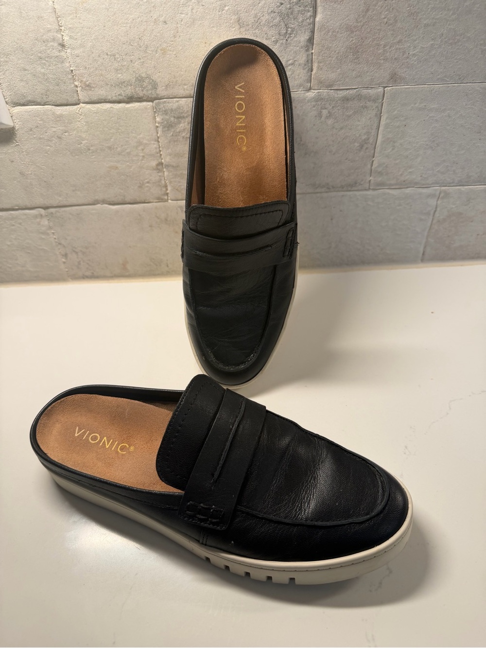Vionic Black Leather Slip-On Loafers with White Sole- Size 9